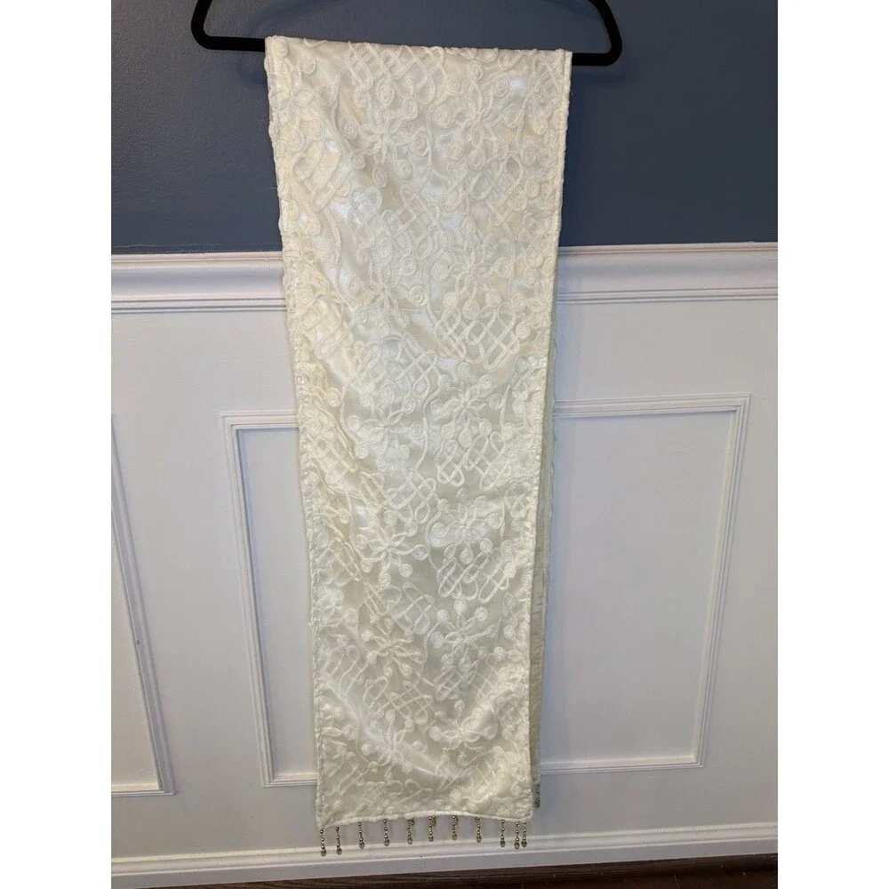 Ivory Cream Embroidered Lace Table Runner 80” x 12” Gold Crystal Bead Fringe